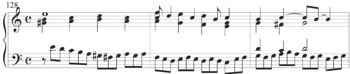 The final measure of the variation incorporates additional rhythmic activity with a repeated sixteenth-note figure beginning with notationally longer eighth notes and extending through a descending line, leading into comparable figuration maintained through the following structural section.；This subsequent tenth variation of the work, containing measures 144 to 159, continues with similar accompanimental activity as in previous sections, but now contains a consistent ornamental line within the upper voice in persistent stepwise sixteenth notes. These rhythmically faster figures begin with a longer eighth note. The following eleventh variation, in measures 160 to 175, maintains a comparable stylistic pattern to the immediately preceding structural section, with the respective voices simply switching primary polyphonic functions, as also in the earlier eighth and ninth diferencias. Accompanimental figuration in dotted rhythms and tied notes, now incorporating further sixteenth notes, appears in the upper lines throughout successive segments, as shown below. The fourth measure of each organizational segment within this diferencia contrastingly moves the ornamental figuration to the upper voice.