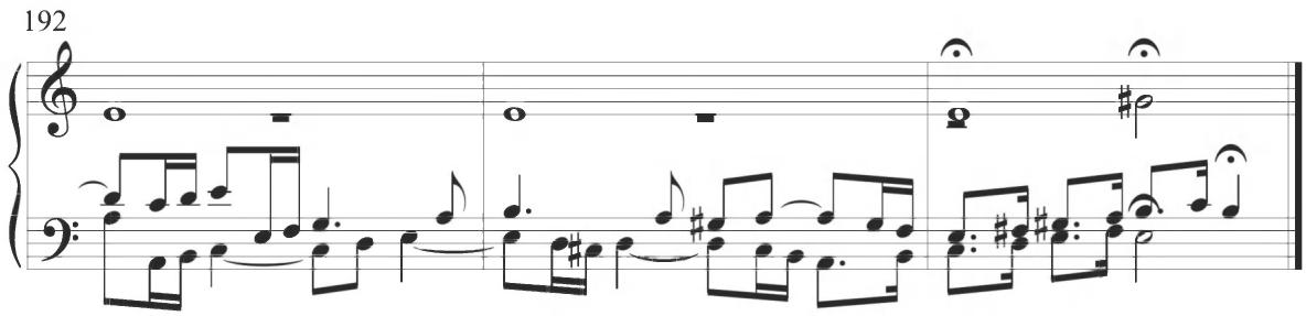 The final presentation of the thematic subject occurs at measure 188, but the further musical continuation conveys an inconsistent figural pattern with a unique mixture of compositional techniques. The figuration continues to vary throughout the remaining measures of the work, incorporating a polyphonic combination of numerous rhythmic patterns and stylistic figures, encompassing parallel motion, rhythmically offset contrapuntal lines, tied notes, dotted motives, and ornamental sixteenth notes.