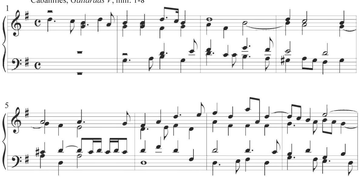 Cabanilles, Gallardas V, mm. 1-8；The second variation of the work, containing measures 11 to 20, can also be divided into two smaller segments consisting of five loosely analogous measures each. The section begins with a distinctive dotted figure in eighth notes within the upper voice, immediately repeated in parallel motion with the alto and again in the lower voices, as demonstrated below. This figure is repeated in a similar compositional form but somewhat altered polyphonic configuration at measures 16 and 17. A further dotted pattern with notationally longer quarter notes is repeated in parallel motion between the upper voices at measure 13 and immediately repeated in the tenor line. The pattern is additionally repeated within the second half of the variation at measure 18. The upper descending motive of the previous section in alternating and relatively lengthy rhythmic durations now appears within the bass line and similarly in the tenor voice in measures