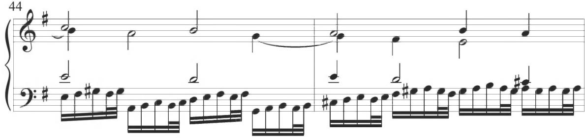The sixth diferencia of the composition, encompassing measures 51 to 60, incorporates an initial motive containing downward skipping eighth notes and a subsequent sixteenth-note turn figure in imitative and parallel motion between the upper polyphonic voices, as viewed below. Measures 54 and 55, as well as the corresponding measures 59 and 60, change this stylistic pattern to instead incorporate an additional series of sixteenth-note motives with short
