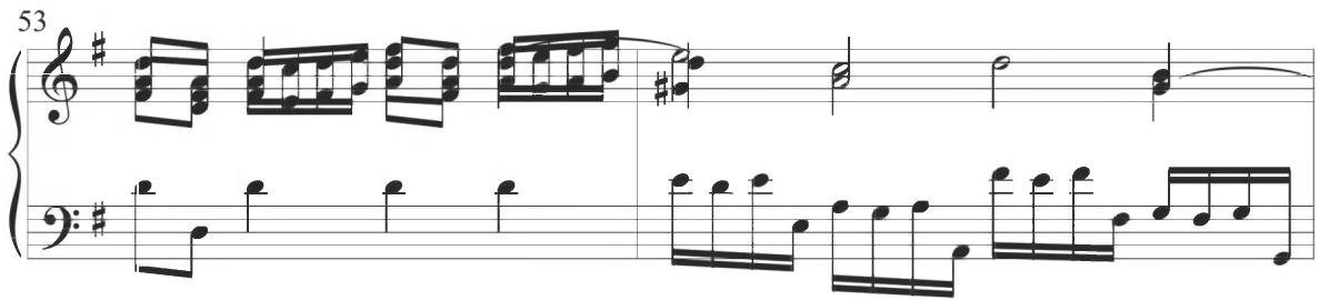 The seventh diferencia, including a slightly inconsistent total duration of only nine measures, in measures 61 to 69, provides an initial temporal shift to a proportional 12/8 modern mensuration. Multiple voices present constant eighth-note figures in frequent scalar motion and parallel and alternating patterns over a rhythmically slower accompanimental line, also shared between various contrapuntal voices. The following eighth variation, comprising measures 70 to 79, maintains this same form of figuration. The subsequent ninth variation, containing measures 80 to 89, retains the preceding temporal designation, but conveys further rhythmic motion in frequent sixteenth notes. The initial measure of the section, as well as its analogous twin at measure 85, presents an extended scalar descent moving between the alto and tenor voices in sixteenth notes, with each metric grouping beginning with a notationally longer eighth note, as exhibited below. The following two measures of each segment resume the stylistic material of the immediately preceding variations, with a single eighth-note arching figure passed imitatively