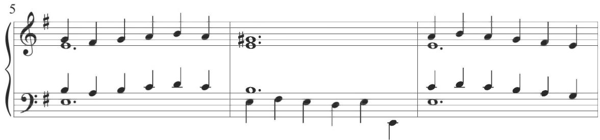 The following second variation of the set, containing measures 9 to 16, continues the essential figuration of the previous structural section, with scalar patterns maintained in the soprano voice throughout the first four measures and subsequently shifted into the bass line in the second half of the variation. Almost every successive scalar descent begins with a longer half note and continues with consistent quarter note, closely relating to the previous Spanish