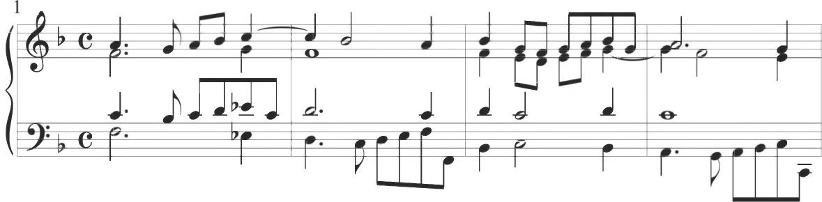 This figure appears in parallel motion between the soprano and tenor lines in the first measure of the section, as well as independently in the bass voice in measures 2 and 4. A separate musical pattern including an arching line, beginning with a quarter note and continuing in rhythmically