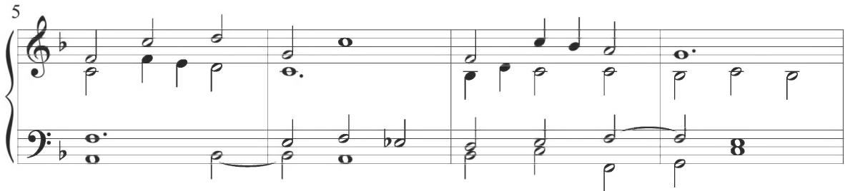 A distinct motive encompassing a brief stepwise descent in quarter notes and concluding with a longer half note appears every other measure in successive polyphonic voices. Thus, the pattern occurs within the bass line in the first measure, in the tenor at measure 3, the alto at measure 5, and finally within the soprano voice at measure 7. A brief turn figure in stepwise half notes comprises the intervening measures, emerging within the alto voice at measure 2, in the bass at measure 4, the tenor at measure 6, and finally in the alto again at the eighth measure of the work. Similarly, a half-note stepwise ascent concluding with a tied note is presented within the soprano voice at measure 1, the alto at measure 3, the bass line, with an anomalous initial whole note, at measure 5, and finally within the tenor voice at measure 7.