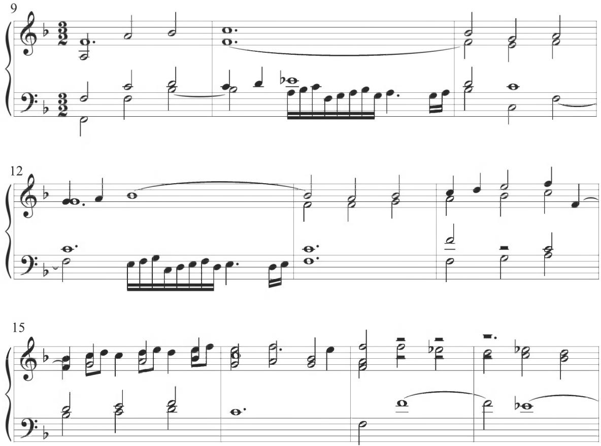 Cabanilles, Paseos IV, mm. 9-18；The accompanimental figuration against this ornamental passagework incorporates a repeated quarter-note stepwise ascent and minimal chordal motion. The initial half-note pattern contains intervallic skips, but further iterations in measures 11 and 13 instead include stepwise parallel thirds. Following this repeated stylistic alternation, measures 14 to 16 present an extended half-note ascending line in scalar motion and additional parallel activity within the lower voices, while the upper line conveys an initial stepwise ascent in primary quarter notes, followed by a