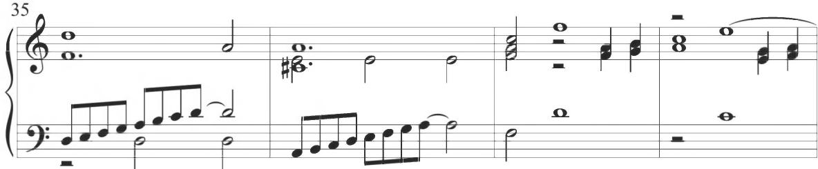 The following stylistic segment of the variation, including measures 37 to 39 and repeated again at measures 44 to 46, shows brief quarter-note stepwise ascents in parallel thirds between the inner polyphonic voices, while the outer lines alternatively maintain slower, accompanimental rhythmic motion. The bass line further incorporates a fundamental descending tetrachord pattern within measures 37 to 40, as well as measures 43 through 47. The final measure of the section provides quarter-note activity in imitative and chromatic scalar descents.