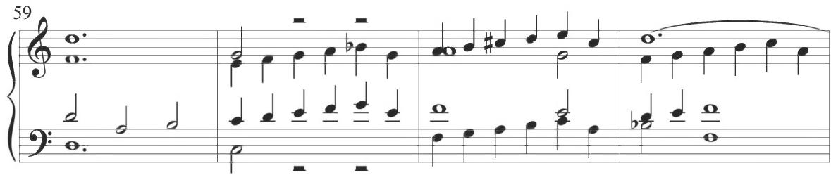 The initial half-note figuration includes the preliminary leap of a fifth or corresponding drop of an intervallic fourth, followed by a single step filling in the preceding intervallic skip. While this particular motive appears throughout various voices and at differing pitch levels within every measure of the segment, further accompanimental figures with half notes incorporate a repeated note also followed by a single stepwise ascent, as in measures 53 and 57. Parallel motion in thirds between the two upper lines occurs at measure 54. The remaining accompanimental lines sustain comparably slow-moving chordal patterns. Measures 60 to 62 show a sudden change of fundamental figuration, with quarter-note activity in an extended scalar ascent, concluding with a final drop of an intervallic third. This passagework is presented in frequent parallel motion. The