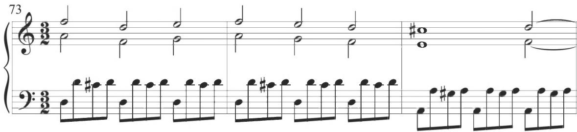 Cabanilles, Xácara, mm. 73-75；The pattern appears in the bass line in variations 19 and 20 and in the upper polyphonic voice at variations 21 and 22. Each of these pairs of variations serves as a basic repeat of the immediate