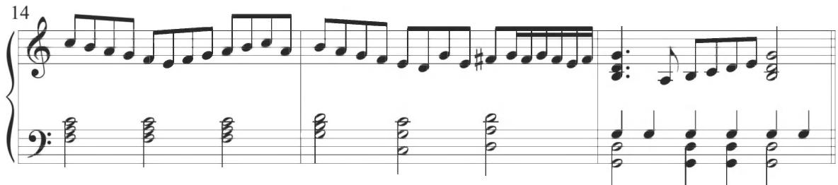 In addition to continuous eighth-note activity in the upper line, also involving a combination of scalar figures and turning passages over consistent chordal figuration, a particular example of compositional correspondence between Spanish and Neapolitan musical characteristics is shown through a sixteenth-note ornamental turn figure in the third diferencia of Cabezón&rsquo;s Diferencias sobre la Pavana Italiana, as presented below.