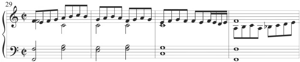 Cabezón, Diferencias sobre la Pavana Italiana, mm. 29-32；Beyond consistent eighth-note figural motion above a repeated chordal foundation, the ends of the second and fourth sections, in measures 15 to 16 as well as measures 31 to 32, display further
