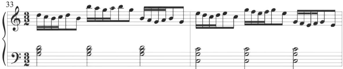 Valente, Tenore de Zefiro, mm. 33-34；A similar pattern of figuration occurs in the final diferencia of Cabezón&rsquo;s Otras diferencias de Vacas, as demonstrated below, further placing Valente&rsquo;s work within the continuing Spanish tradition.