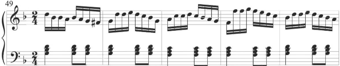 Valente, Tenore de Passo e mezzo, mm. 49-53；The fifth section of the composition, encompassing measures 65 through 80, incorporates a repeated motive with initial intervallic motion and a continued rhythmic alternation between sixteenth notes and thirty-second notes in a concluding stepwise descent over the standard thematic chords, as demonstrated below.