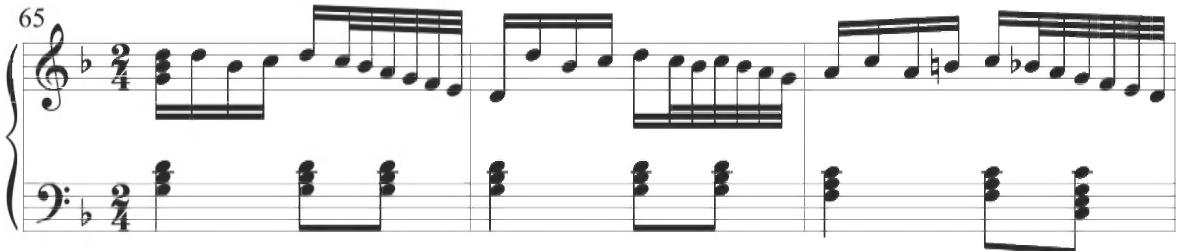 Valente, Tenore de Passo e mezzo, mm. 65-67；The sixth and final variation of the composition, excluding the ultimate repetition of the first segment, in measures 81 through 96, showcases a beginning, ornamented eighth note, followed by stepwise thirty-second notes and final repeated eighth notes, as displayed below.