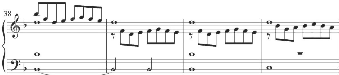 This primary musical motive alternates between varying polyphonic lines through the structural section, but a contrasting segment appears in measures 32 through 37, with contrapuntal activity in parallel and contrasting scalar motion between the upper and lower voices. The compositional pattern of motivic alternation shows clear similarity to the previous works of Cabezón, while the intervening contrapuntal segment also maintains comparable musical correspondence.