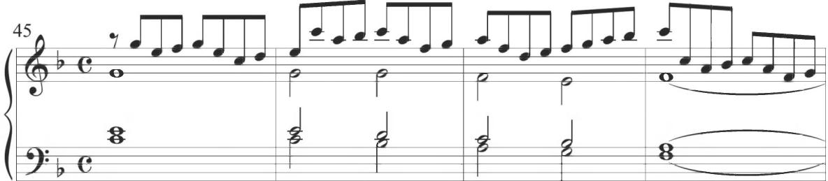Rinaldo, Partite sopra Zefiro, mm. 45-48；Additional scalar patterns in ascending eighth notes provide intermittent connections between these repeated motives, while a series of descending sixteenth-note scales appears at measure 52. This type of figural arpeggio is exhibited within various preceding works of Cabezón, as in the final variation of the Otras diferencias de Vacas shown below.