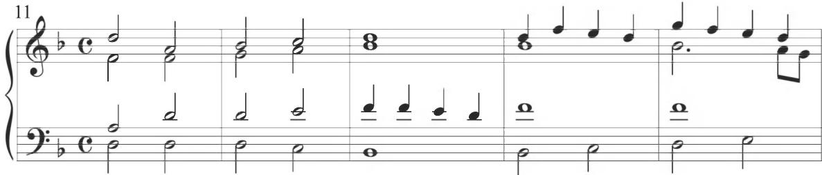 Stella, Partite sopra la Romanesca, mm. 11-15；This primary chordal consistency and further stepwise activity throughout various lines retains close compositional similarity to the preliminary variations of many earlier works of Cabezón, as demonstrated at the start of the Diferencias sobre el canto de ‘La Dama le demanda’ below.
