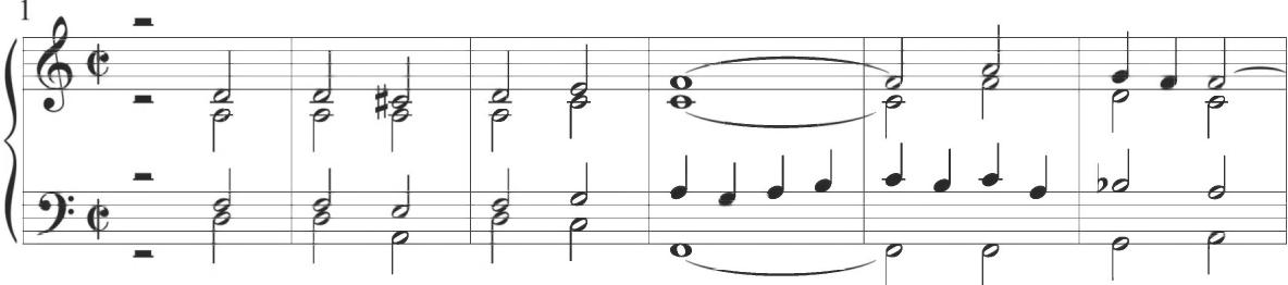 Cabezón, Diferencias sobre &lsquo;La Dama le demanda&rsquo;, mm. 1-6；The second variation of Stella&rsquo;s work, including measures 23 to 44, presents a series of repeated motives conveying an initial repeated eighth note and subsequent stepwise descent. As in numerous preceding compositions, this figure consistently alternates between upper and lower polyphonic voices. This variation showcases additional contrapuntal motion in the remaining musical lines supporting the primary rhythmic motive, with dotted rhythms in several locations. Frequent parallel and contrasting motion is also shown within this motivic pattern, particularly throughout the second half of the structural section, in addition to intermittent and rhythmically faster sixteenth notes, as demonstrated below.