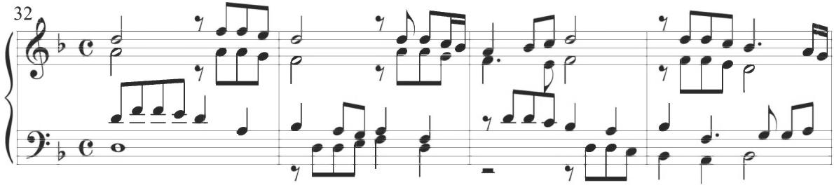 Stella, Partite sopra la Romanesca, mm. 32-35；The following third and fourth variations of the set maintain this same style of motivic alternation with a single repeated figure associated with each section, as in preceding Spanish works. The third partita of the work utilizes a primary motive comprising a three-note scalar descent in quarter notes, while the subsequent fourth concluding variation displays a consistent