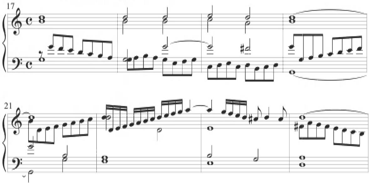 Mayone, Partite sopra Rogiere, mm. 17-24；The following four measures of the work comprise a divergent stepwise descent in a similar contrapuntal passage, while the soprano includes a simultaneous scalar ascent at measure 26, as presented below.