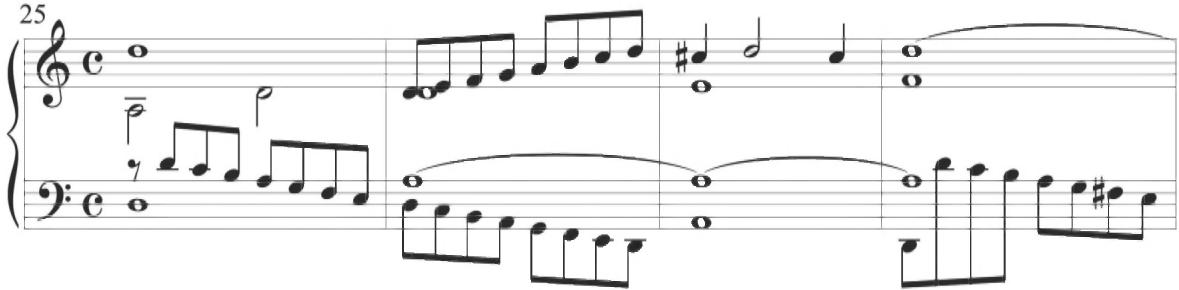 The contrasting scalar line between the upper and lower voices provides clear similarity with the persistent stepwise figuration in various lines throughout the earlier variations of Cabezón. A clear indication of this motivic and stylistic relationship emerges at measure 37 in the Spanish composer&rsquo;s Diferencias sobre las Vacas (1), as displayed below.