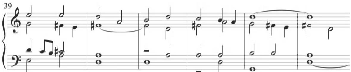 This stylistic format of figuration and particular polyphonic texture is observed throughout many of Cabezón&rsquo;s preceding compositions, with a specific instance in the beginning measures of the Spanish composer&rsquo;s Diferencias sobre el canto de &lsquo;La Dama le damanda&rsquo;, as seen below.