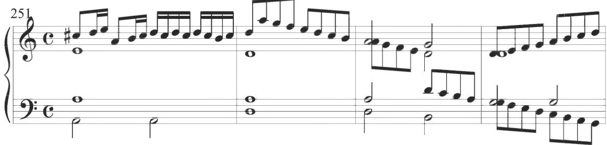 Mayone, Partite sopra Rogiere, mm. 251-254；A particular example of Cabezón&rsquo;s similar motivic usage appears in the fourth and fifth sections of the Diferencias sobre el Villancico ‘¿Quién te me enojó, Ysabel?’, as demonstrated below.