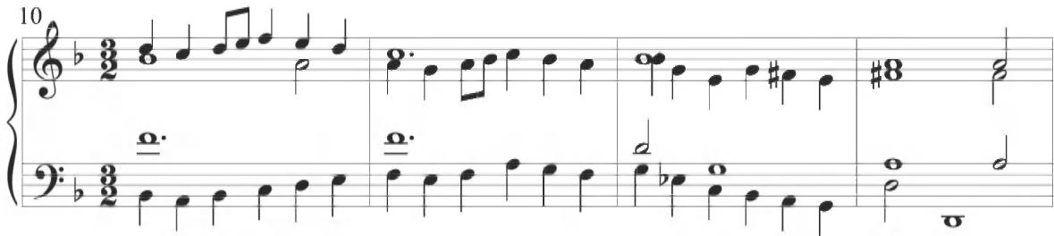 Mayone, Partite sopra Fidele, mm. 10-13；This form of complementary figuration between the upper and lower contrapuntal lines also appears in Cabezón&rsquo;s variational works, with particular stylistic instances at measures 30, 43, and 47 of the Pavana con su glosa, as well as throughout the sixth diferencia of the composer&rsquo;s Discante sobre la Pavana Italiana. Further compositional reference in complementary stepwise figuration in the Spanish composer&rsquo;s variations can also be observed in the Diferencias sobre el Villancico &lsquo;¿Quién te me enojó, Ysabel?&rsquo;, the Diferencias sobre las Vacas (2), and numerous other musical locations throughout Cabezón&rsquo;s compositions. An additional example of this form of figuration is displayed below within the fourth variation of the Diferencias sobre las Vacas (1).