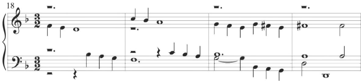 Mayone, Partite sopra Fidele, mm. 18-21；While certain parallel movement does ensue, specifically at measure 20, the primary stylistic form of this section involves motivic alternation in a compositional method more musically characteristic of Mayone&rsquo;s preceding variations, as well as the later Spanish works of Correa and Cabanilles, than to Cabezón&rsquo;s most typical figural style. While not frequently incorporated in the sixteenth-century diferencias, the earlier Spanish composer does present a compositional pattern very closely related to Mayone&rsquo;s three-note descent with a constant triplet alternation maintained between various voices at the conclusion of the Diferencias sobre el canto de &lsquo;La Dama le demanda&rsquo;, as displayed below.