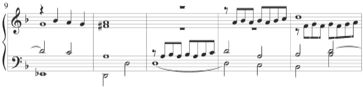 This distinct mixture of multiple musical patterns throughout a single structural section shows clear commonalities with Cabezón&rsquo;s variations. Individual motivic figures further display close similarities to the Spanish composer&rsquo;s typical style. For example, the alternating tied patterns beginning with a half note and extended across bar lines in stepwise lines in measures 4 to 9 of Mayone&rsquo;s variation also appear in measures 50 through 61 of Cabezón&rsquo;s Diferencias sobre el Villancico &lsquo;¿Quién te me enojó, Ysabel?&rsquo;, as exhibited below.