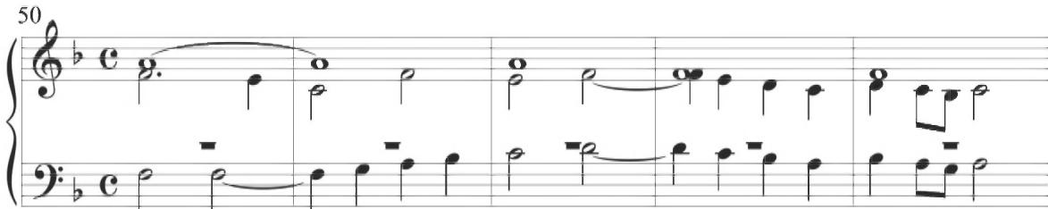 Cabezón, Diferencias sobre ‘¿Quién te me enojó, Ysabel?’, mm. 50-54；The final measures of Mayone&rsquo;s variation present a relatively thick contrapuntal consistency, with preliminary contrasting motion and parallel and complementary stepwise activity in quarter notes through each polyphonic voice, as displayed below.