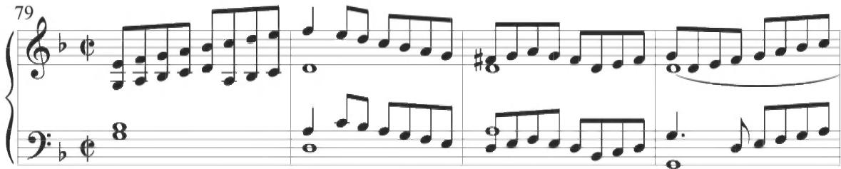 Cabezón, Discante sobre la Pavana Italian, mm. 79-82；The second partita of Mayone&rsquo;s work, including measures 23 through 44, continues the preceding parallel motion, while also incorporating the motivic three-note scalar descent of the previous composition. An extended passage in stepwise parallel thirds is presented in the upper voices beginning at measure 35, as viewed below.