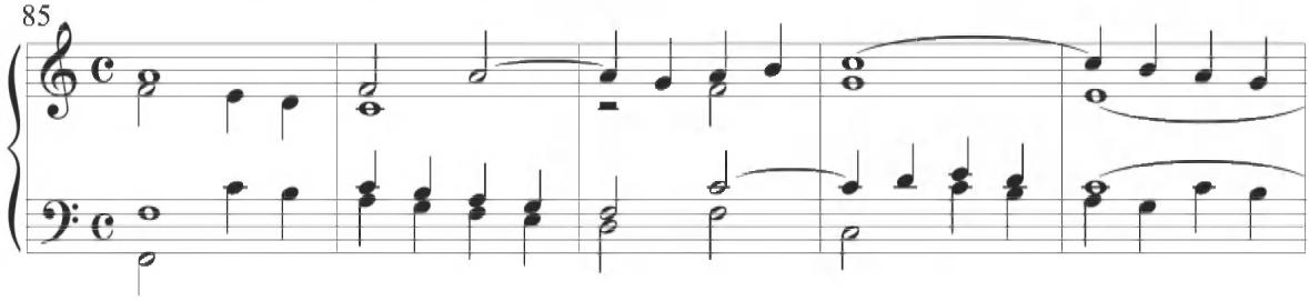Cabezón, Diferencias sobre las Vacas (2), mm. 85-89；The subsequent third variation of Mayone&rsquo;s set continues with similar passagework in alternating motivic patterns moving between several contrapuntal lines and a figural extension of the previous three-note descent. The following fourth section, in measures 67 to 88, conversely begins with a rhythmically slower chordal pattern and continues with trilling figures and scalar lines in an ornamental style in the upper polyphonic voice over a simple chordal accompaniment. The fifth variation, containing measures 89 through 110, once again displays particularly close stylistic similarities to the earlier compositions of Cabezón, with constant complementary motion in steady stepwise quarter notes between the upper and lower polyphonic voices, as observed below.