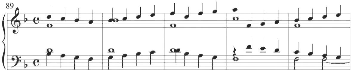 Mayone, Partite sopra il Tenore antico, o Romanesca, mm. 89-93；As described above, multiple musical locations in Cabezón&rsquo;s variations display almost identical figuration, with a specific example occurring at measures 52 to 55 in the Diferencias sobre las Vacas (2), as demonstrated below.