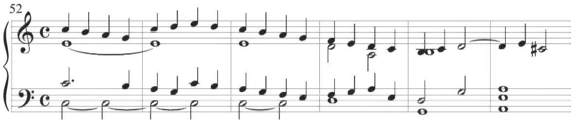 Cabezón, Diferencias sobre las Vacas (2), mm. 52-57；The sixth variation of Mayone&rsquo;s set, encompassing measures 111 to 132, shows a sudden slowing of rhythmic motion, with consistent chordal figures in primary half notes throughout all voices and consistent parallel thirds within the upper lines, as well as additional notes held across the bar line in various contrapuntal voices, as exhibited below.