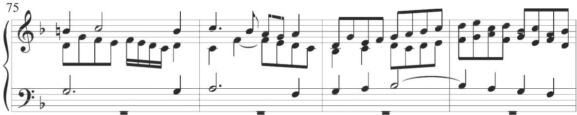 The fourth structural section of Trabaci&rsquo;s composition continues in a similar structural form as the preceding first and second variations. The section begins with rhythmically longer tones and additional tied notes. A repeated dotted figure in a stepwise ascending line, frequently also concluding with a repeated note, alternates between various voices in measures 3 and 4 and again at measure 7, as seen below.