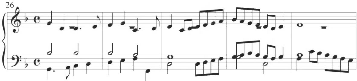 Cabezón, Diferencias sobre ‘¿Quién te me enojó, Ysabel?’, mm. 26-30；The fifth variation of Trabaci&rsquo;s composition returns to a similar style of figuration as in the previous third section. Eighth-note activity is exhibited throughout, with further parallel and complementary motion between various voices in the third to seventh measures of the variation, as viewed below, in a musical style consistent with the earlier works of Cabezón.