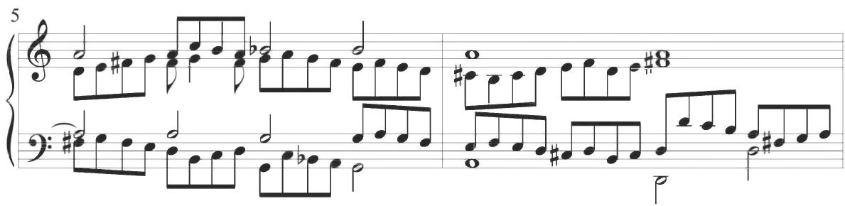 Subsequent variations in Trabaci&rsquo;s work continue to alternate in musical style between the polyphonic and texturally thicker format of the second and fourth variations and the rhythmically faster motivic alternations of the third and fifth sections. Thus, the following sixth, eighth, eleventh, and fourteenth variations maintain commonalities with sections 2 and 4, while the seventh, ninth, twelfth, thirteenth, and fifteenth variations remain comparable to sections 3 and 5. The tenth variation provides a combination of both styles. In each of these variations, multiple stylistic characteristics evident of Cabezón&rsquo;s compositional form are maintained, as described throughout preceding works. Following an initial contrapuntal texture, the second half of the tenth structural section displays a repeated motivic pattern consisting of an eighth-note turn figure with intervallic motion, as exhibited in measures 8 to 11 below.