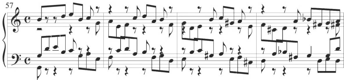 Cabanilles, Pasacalles V, mm. 57-60；Trabaci&rsquo;s tenth variation also presents a consistent dotted figure in intervallic activity throughout numerous measures and in several polyphonic voices, as further exhibited within the example above. A similar dotted pattern appears within many of Cabezón&rsquo;s works, as in the Diferencias sobre el ‘Canto del Cavallero’, displayed below.