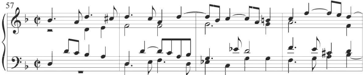 The following eleventh variation of Trabaci&rsquo;s composition maintains the polyphonic texture of the third and comparably succeeding sections, with an extended arpeggiated descent within the bass voice at measures 5 and 6, as demonstrated below.