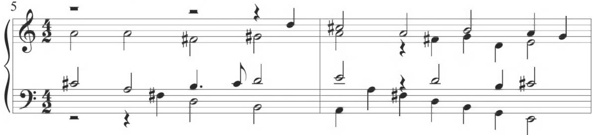 Trabaci, Partite sopra Rugiero, var. 11, mm. 5-6；A single instance of this type of arpeggiated figuration appears at the conclusion of the fourth section of Cabezón&rsquo;s Diferencias sobre el &lsquo;Canto del Cavallero&rsquo;, as shown at measure 64 below.