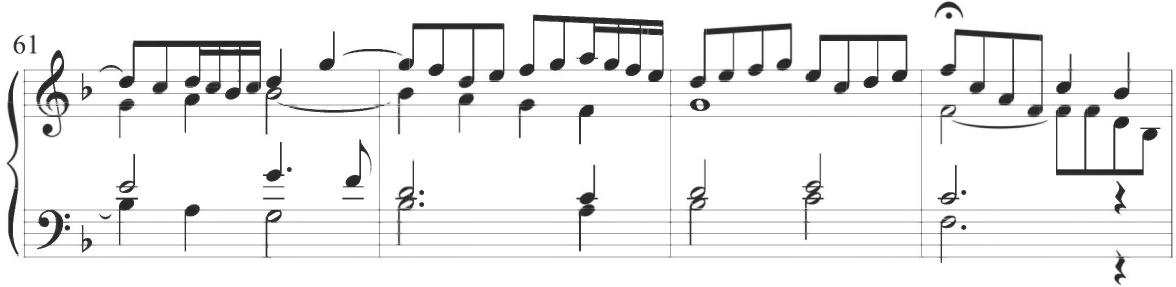 Cabezón, Diferencias sobre el &lsquo;Canto del Cavallero&rsquo;, mm. 61-64；This particular stylistic characteristic does not appear in any additional preceding or following Spanish sets of keyboard variations, but similar figuration can be found within the earlier Iberian