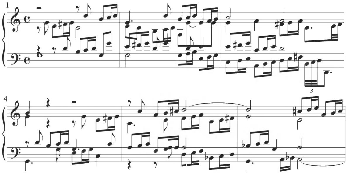 Trabaci, Partite sopra Rugiero, var. 15, mm. 1-6；A similar motivic pattern once again emerges within the later Spanish works of Cabanilles, as exhibited within the fifth variation of the composer&rsquo;s Passacalles IV below, providing additional suggestion of consequent Italian influence.