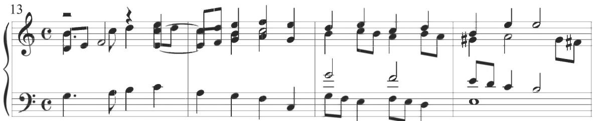 Cabanilles, Gallardas III, mm. 13-16；As in various preceding works of Cabezón, Trabaci&rsquo;s variation begins with notated rests.