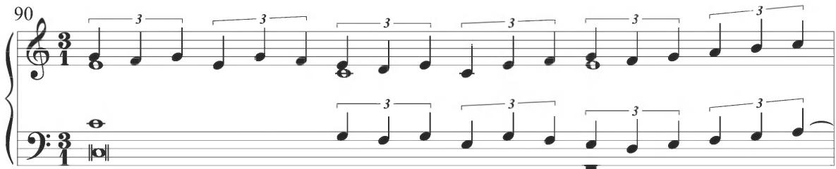 Correa, Guárdame las Vacas, m. 90；The final twentieth section of Trabaci&rsquo;s composition incorporates a variety of figural styles exhibited throughout the preceding variation, with a continued contrapuntal texture in primary quarter notes. The section again begins with notated rests, and a repeated scalar arching motive with a central dotted rhythm is employed within successive polyphonic voices through each measure of the variation with an overlapping fugal pattern, as exhibited below.