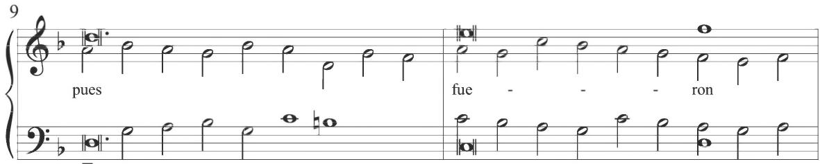 The fourth variation of Trabaci&rsquo;s work displays a sudden stylistic change, with faster rhythmic motion and a repeated motivic pattern comprising two stepwise eighth notes and a concluding quarter note. This figural activity is typically presented in parallel motion between various contrapuntal lines, as demonstrated below.