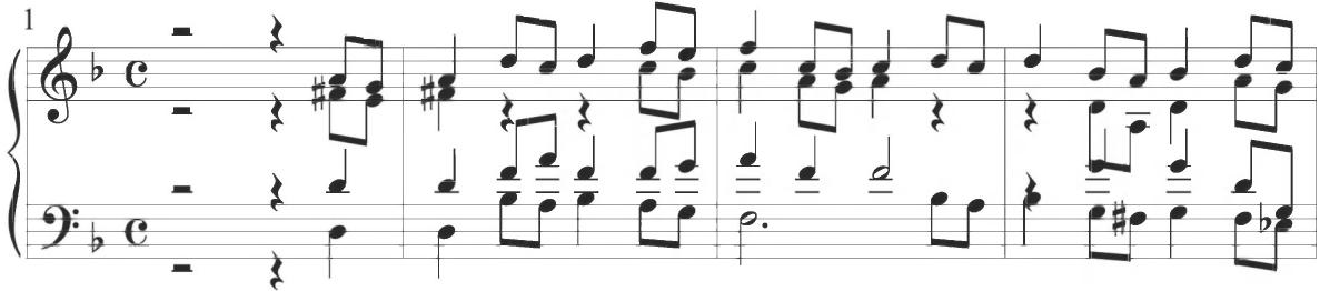 Trabaci, Partite sopra Rugiero, var. 4, mm. 1-4；While this particular form of figuration does not appear within Cabezón&rsquo;s earlier variations, a comparable musical instance does emerge within the first diferencia of the Gallardas III of Cabanilles, as displayed below.