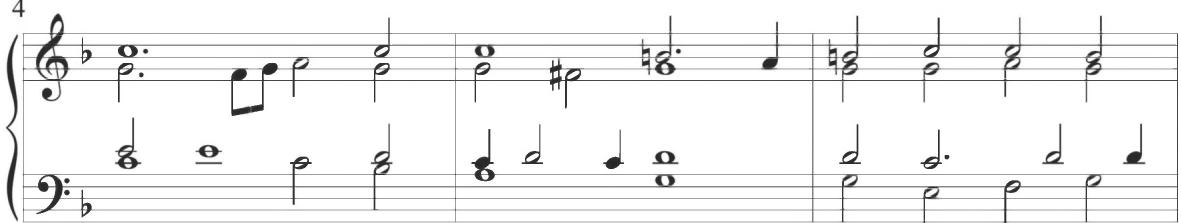 Brief, intervening dotted figures in measures 2, 4, 5, and 6, as well as an extended inverted arching line in the bass line throughout measures 1 to 3, tied notes between measures 2 and 3, and slight syncopation in the tenor voice at measure 5 ultimately give way to further scalar figuration in rhythmically faster quarter notes in multiple contrapuntal lines throughout the second half of the variation, as presented below. These final measures display a contrapuntal combination with contrasting patterns and parallel motion, with a compositional style closely related to the earlier works of Cabezón, as also described throughout the compositions above.