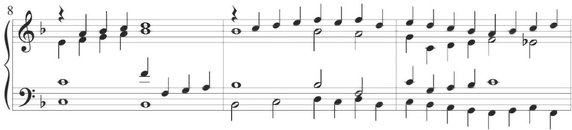Trabaci, Partite artificiose sopra il tenor di Zefiro, var. 1, mm. 8-10；The second variation of the work contains a preliminary indication of “per l’Arpa,” a stylistic characteristic which Trabaci explains at the beginning of the composition can also be