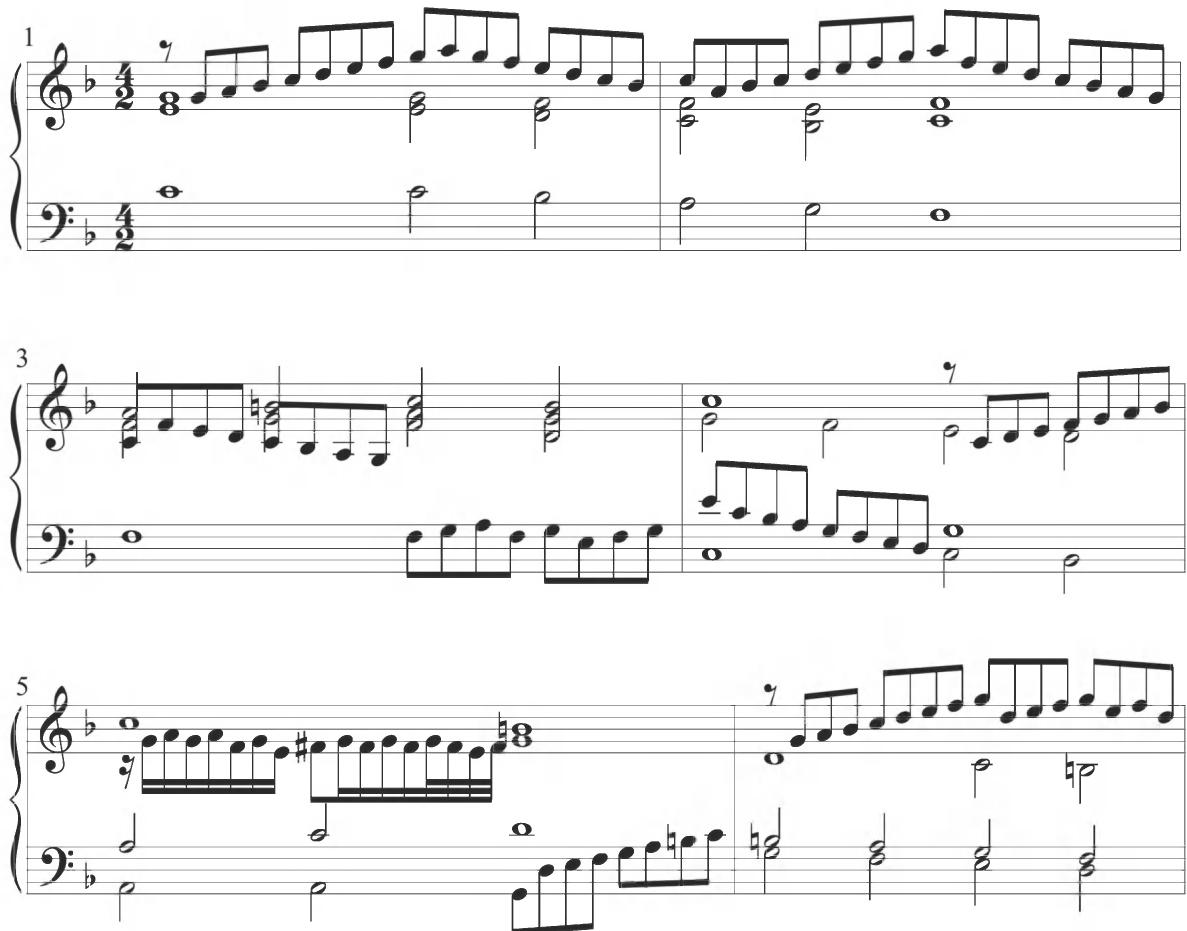 Trabaci, Partite artificiose sopra il tenor di Zefiro, var. 2, mm. 1-6