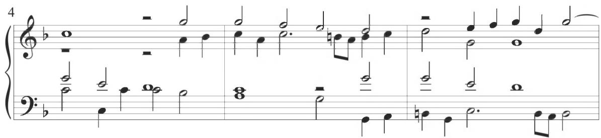 The first of these subjects begins in the alto voice on the first beat of the first measure and encompasses a repeated tone in a whole note and subsequent half note, followed by a continued half-note descent, mimicking the preliminary thematic bass line of previous variations. This motive is subsequently initiated by the soprano voice at measures 2 and 4 and the tenor voice at measures 4 and 5. The second fugal subject begins on the second beat of the first measure of the variation in the tenor voice, following an initial half rest, and comprises a quarter-note arching line equivalent to the repeated bass motive of the directly preceding variation, followed by an intervallic leap to a dotted half note, additional stepwise motion in eighth notes, and a final scalar ascent in half notes. This figuration further appears within the bass voice at the end of measures 2 and 5, in the soprano line at measure 6, and in the alto at measures 4 and 8, with the remaining voices entering at measure 9. This final thematic presentation is provided in parallel motion